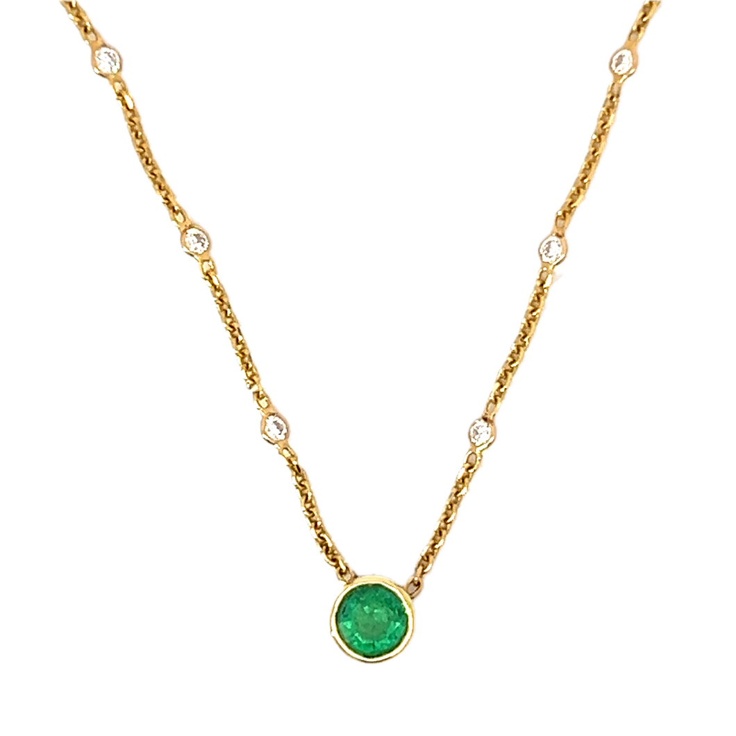 Bezel Set Emerald and Diamond Necklace