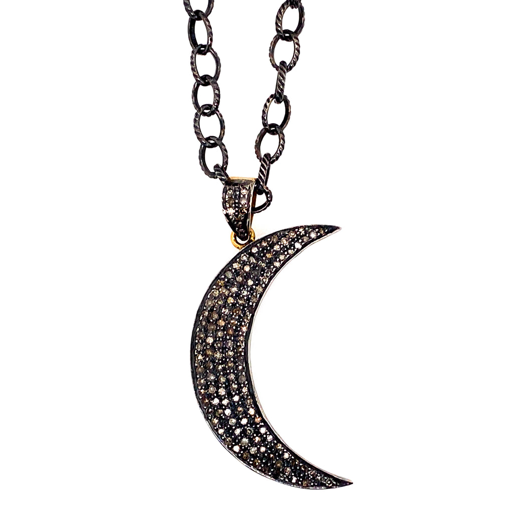 Sterling Silver Black Rhodium, 14kt Yellow Gold & Diamond Crescent Necklace