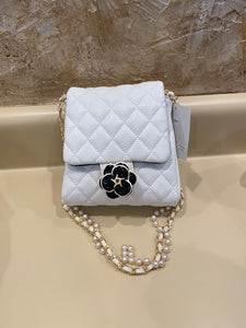 Vegan Quilted Mini Handbag with Pearl Crossbody Strap